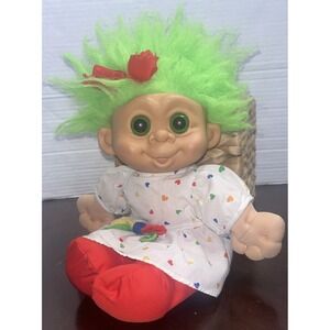 Troll Doll 13" Plush & Plastic Green Hair & Eyes Polka Dot Dress Vintage 1992